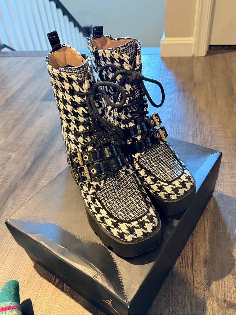 Betsey Johnson Black & White Houndstooth Lace-Up Platform Booties
